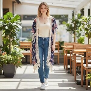 Ember Crochet Floral Tunic Boho Navy Pink Tropical Kimono Wrap Large